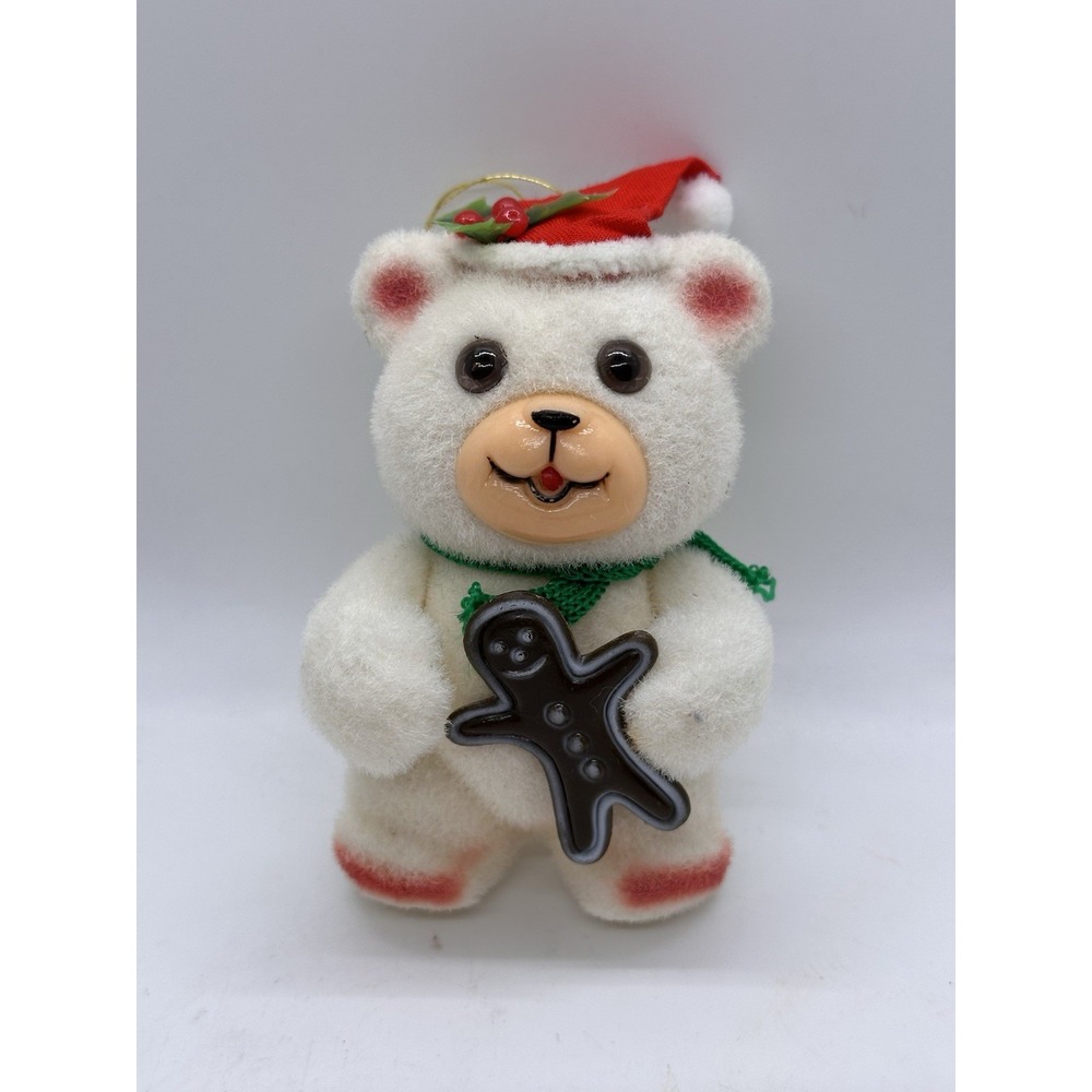Jasco Christmas Cuddles Flocked‎ Bear Ornament Gingerbread Vintage Holiday